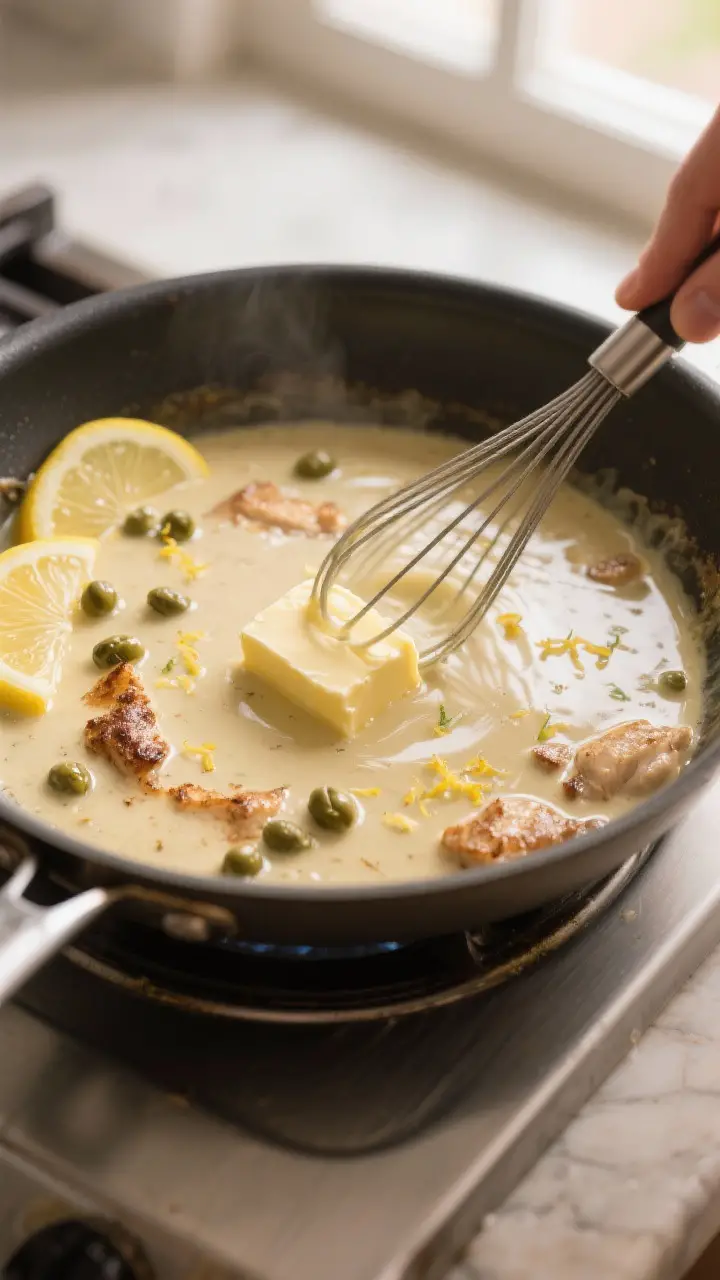 Cooking process: Overhead shot of the sauce-building stage in the same skillet—white wine deglaze 