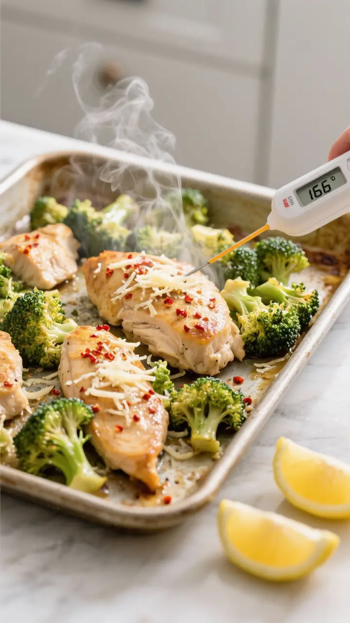 Cooking process: Overhead shot of the sheet pan just out of the oven, chicken stirred and broccoli f