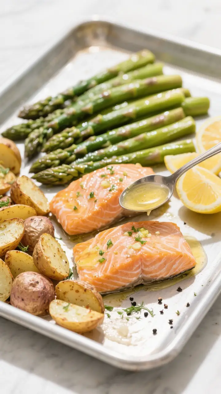 Cooking process: Overhead shot of the sheet pan just after adding salmon and asparagus to the roaste