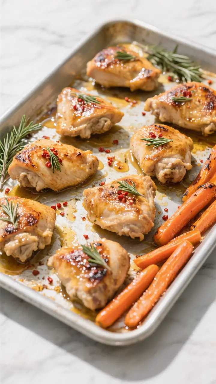 Cooking process: Overhead shot of the sheet pan mid-roast at the 20-minute mark—chicken pieces spa