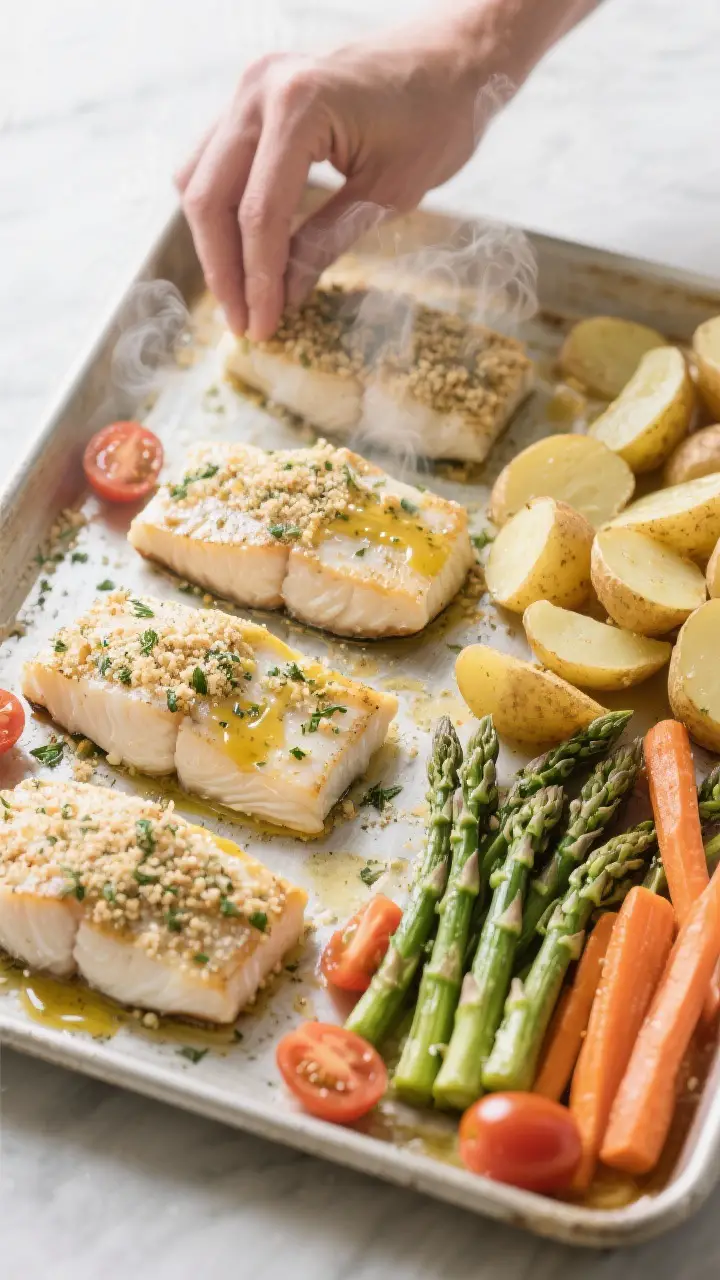 Cooking process: Overhead shot of the sheet pan mid-cook transition—par-cooked potatoes and carrot