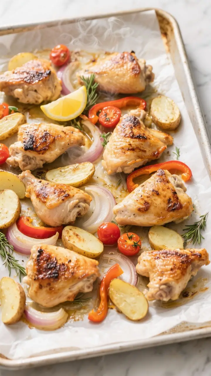 Cooking process: Overhead shot of the sheet pan mid-roast at 425°F, chicken pieces spaced between p