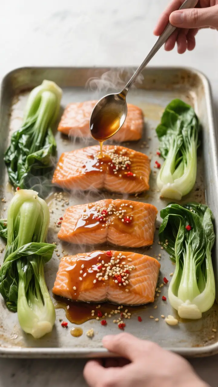 Cooking process: Overhead shot of the sheet pan midway through cooking, bok choy pushed to the sides