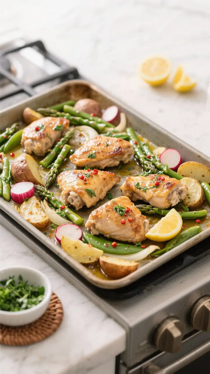 Cooking process: Overhead shot of the sheet pan midway through roasting as quicker-cooking veggies a