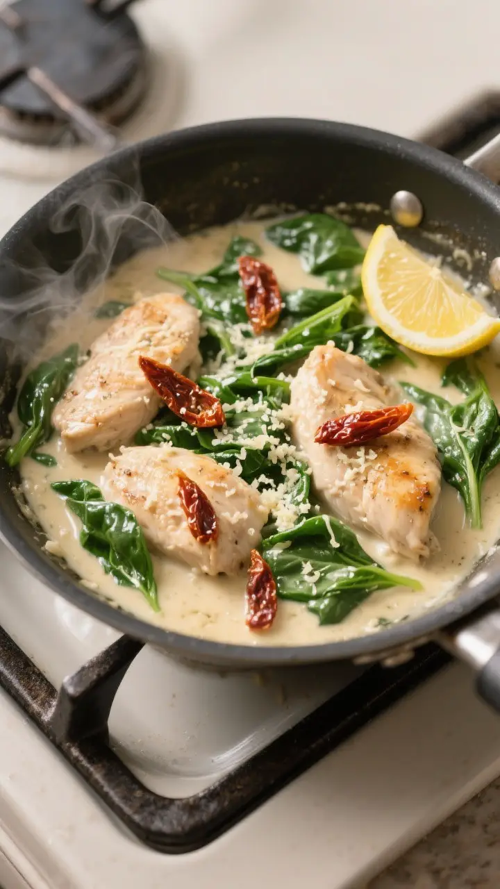 Cooking process: Overhead shot of the skillet after deglazing and finishing, chicken pieces simmerin