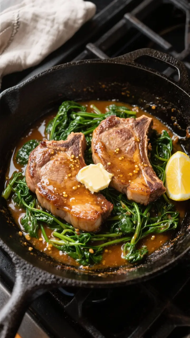 Cooking process: Overhead shot of the skillet right after deglazing, pork chops just re-nestled into