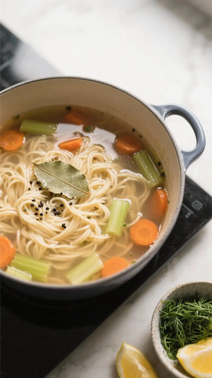 Cooking process: Overhead shot of the soup at a gentle simmer in a wide pot right after noodles are 