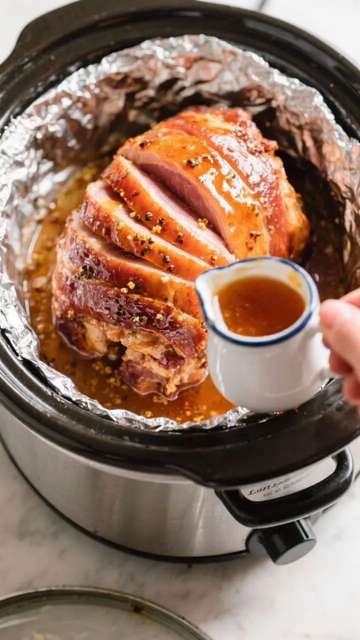 Cooking process: Overhead shot of the spiral ham mid-cook in the slow cooker on Low, cut-side down w