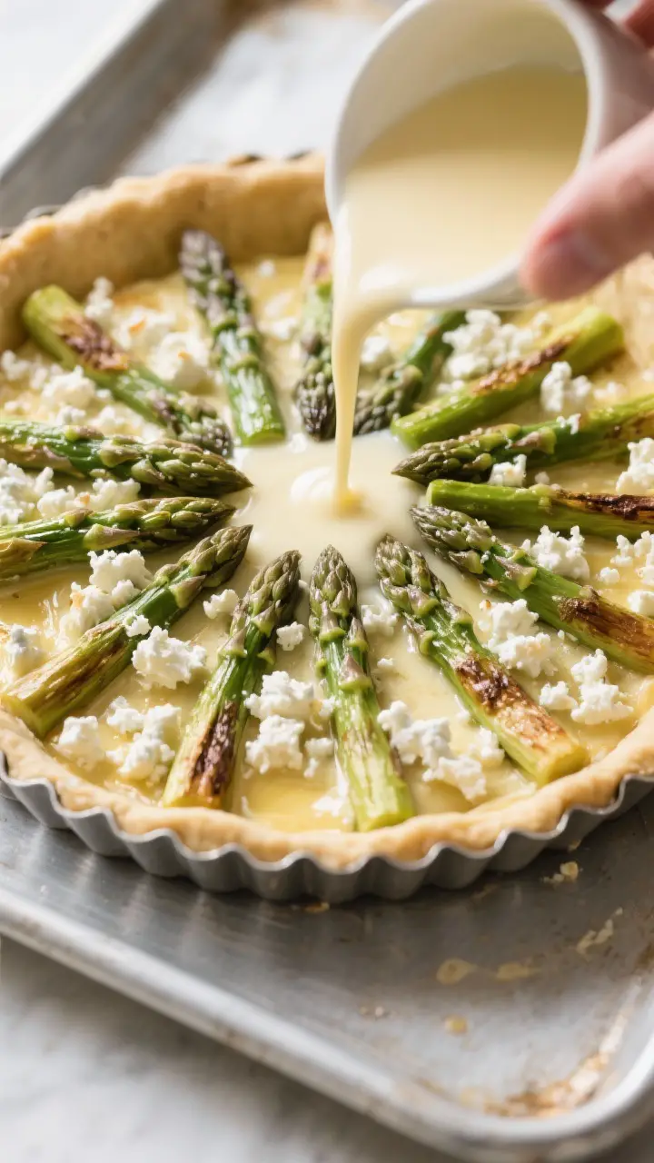 Cooking process: Overhead shot of the tart mid-assembly in a metal tart pan after blind baking—the