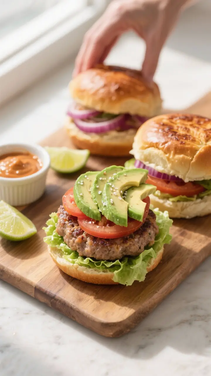 Cooking process: Overhead shot of toasted brioche buns being built into burgers on a wooden board—