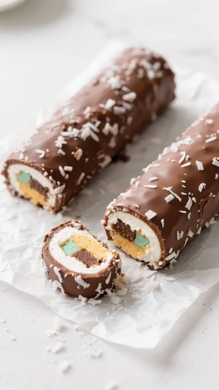 Cooking process: Overhead shot of two compacted chocolate-marshmallow logs just unwrapped after chil