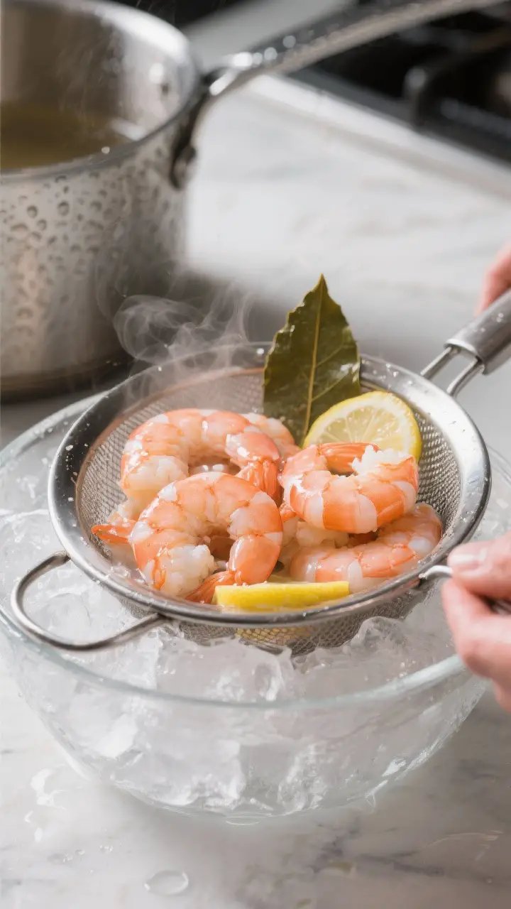 Cooking process: Poached shrimp being shocked in an ice bath right after simmering—plump pink shri