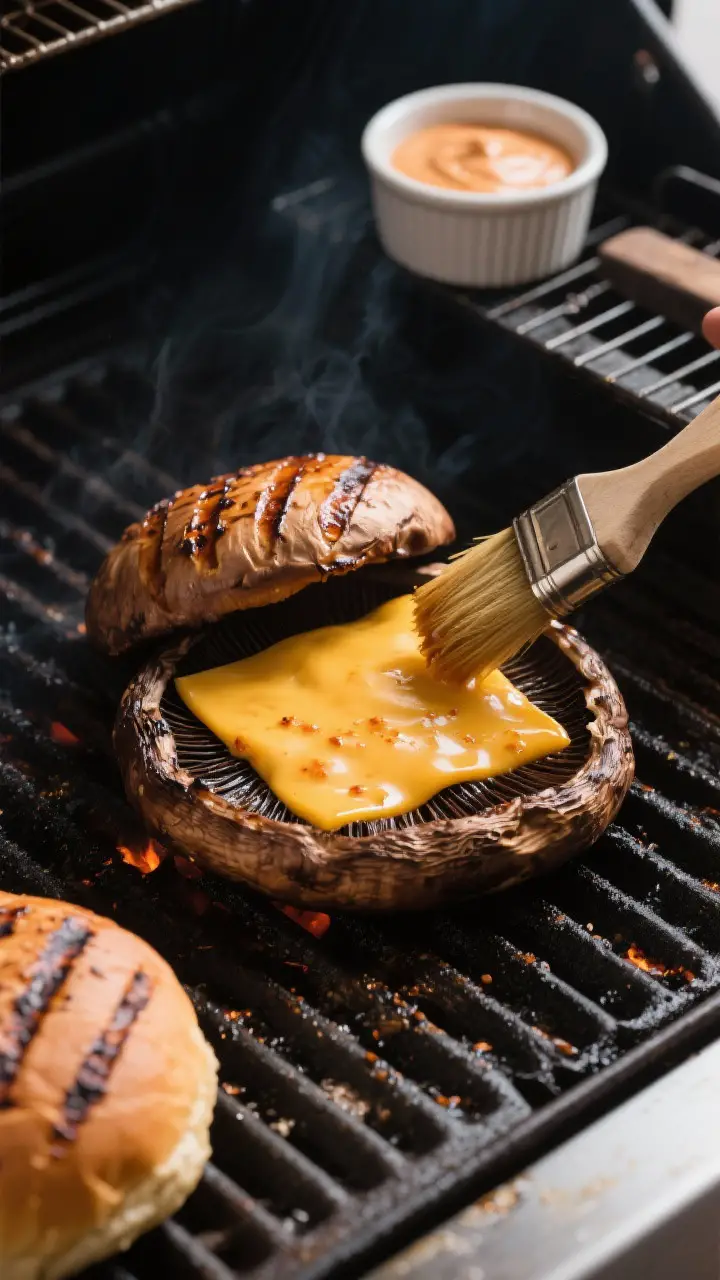 Cooking process: Portobello mushrooms on a hot grill at medium-high heat, flipped gill-side up and b