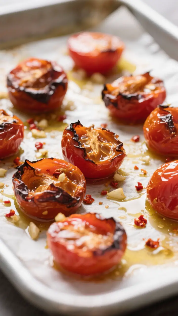 Cooking process – Roasted cherry tomatoes turning jammy: Close-up of blistered, burst cherry tomat