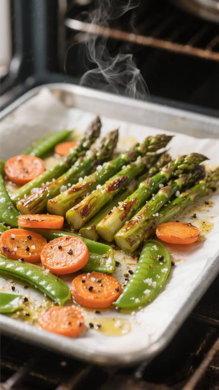 Cooking process — roasted spring veg medley: Sheet pan at 425°F just out of the oven with crisp-t