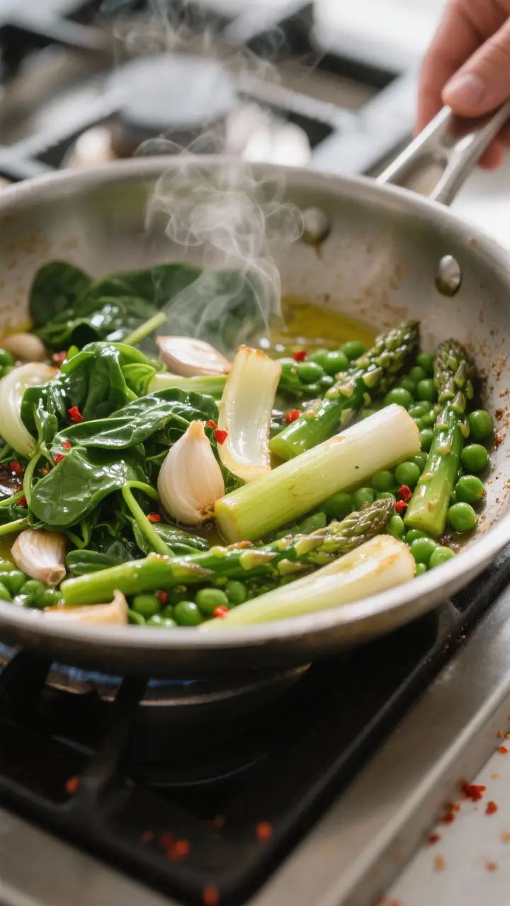 Cooking process – sauté and wilt stage: Close-up of glossy, sautéed leeks and garlic with just-w
