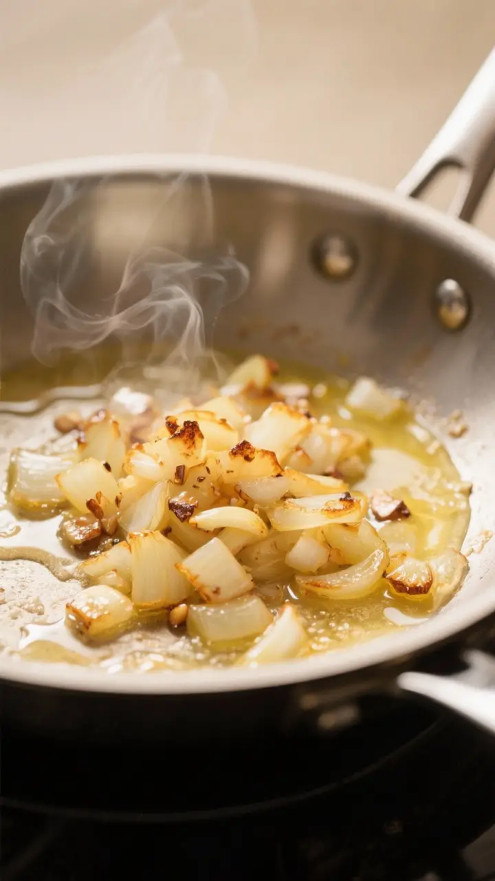 Cooking process — sauté stage: Close-up of golden, translucent chopped onions with tiny browned e