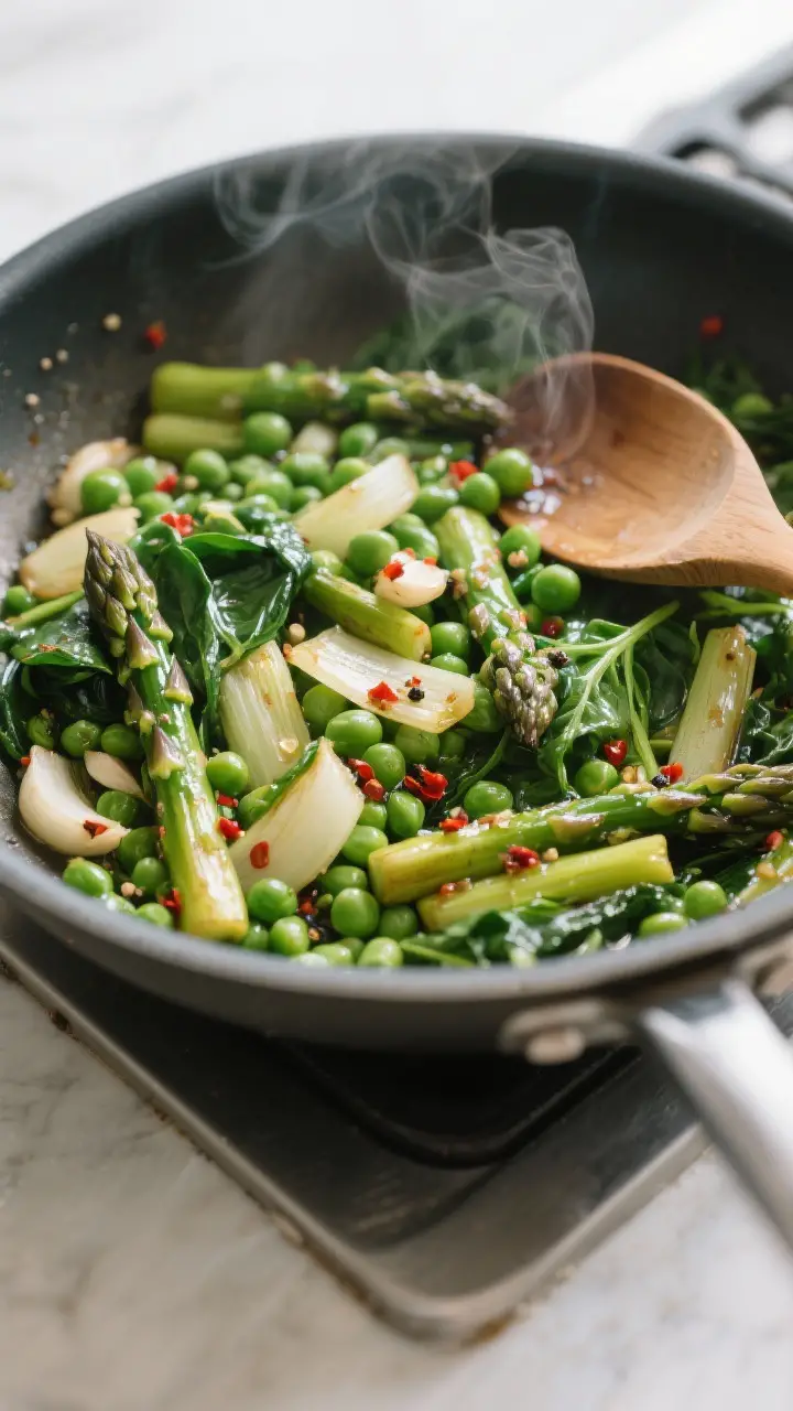 Cooking process: Sautéed spring vegetables in a skillet, fully cooked and glistening—tender aspar