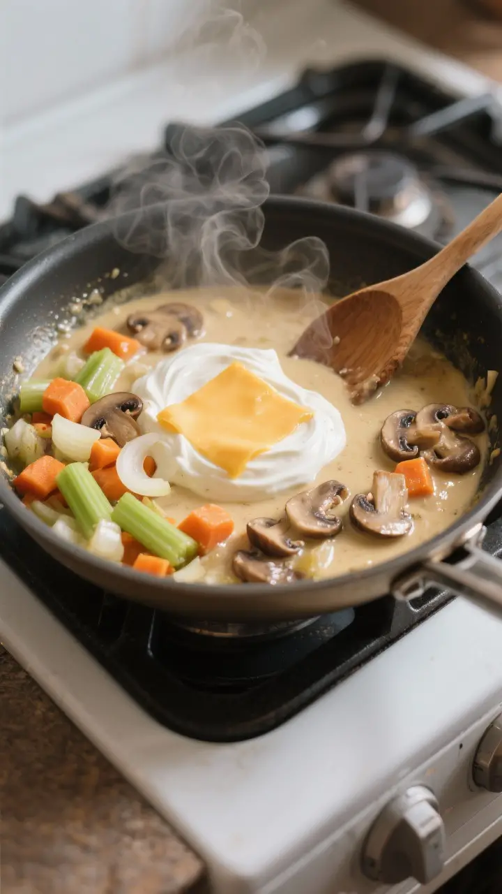 Cooking process: Sautéed vegetable base in a wide stainless skillet showing the roux-based sauce co