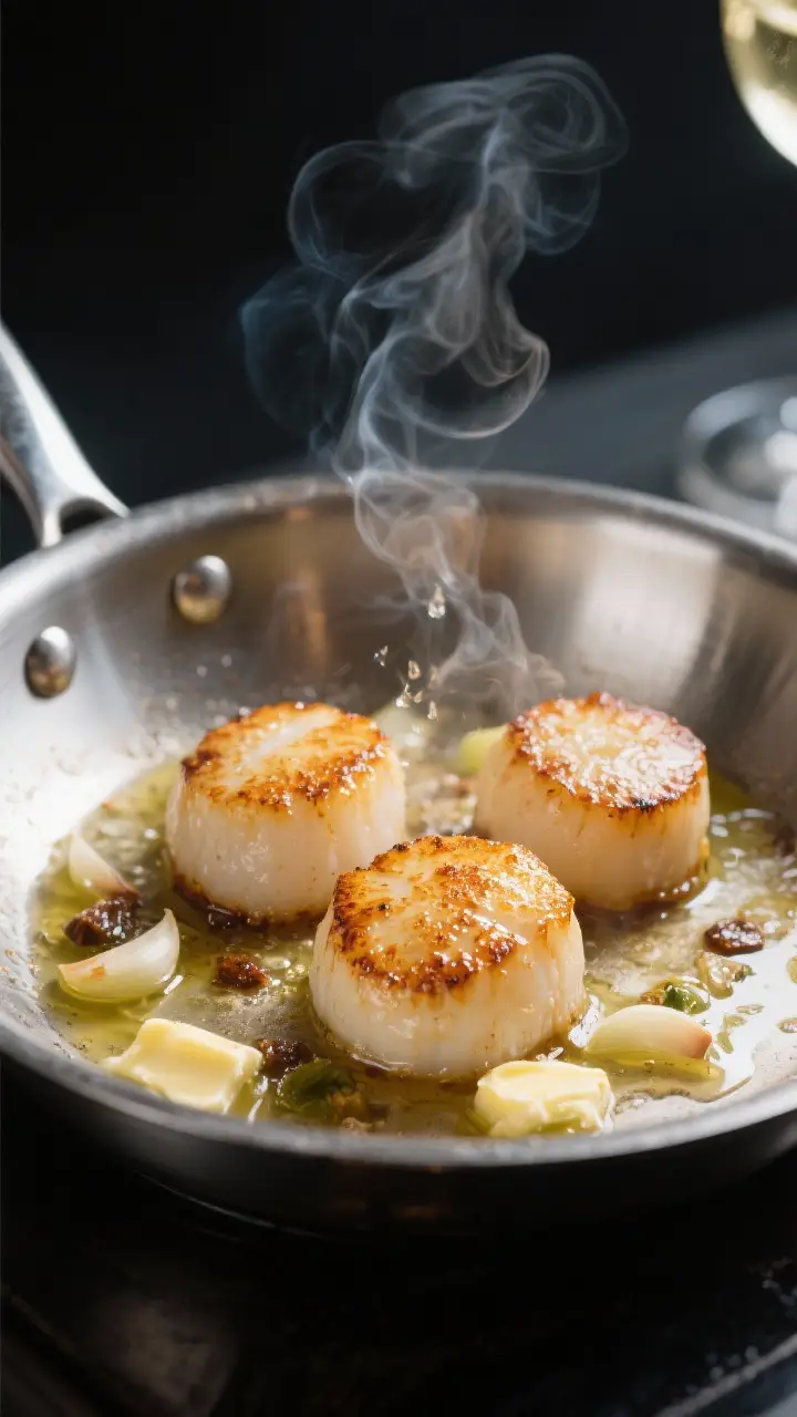 Cooking process: Scallops being seared in a preheated stainless-steel skillet, deep golden crust for