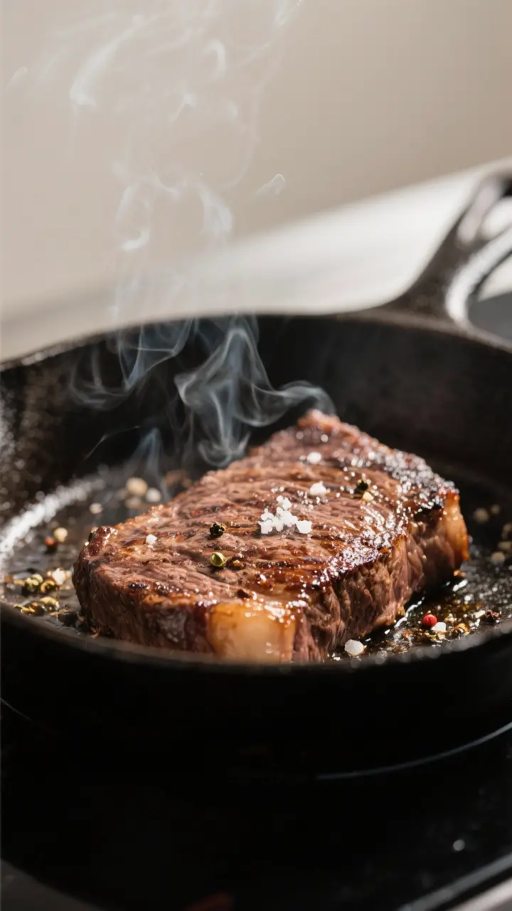 Cooking process: Searing flank steak in a ripping-hot cast-iron skillet, close-up of caramelized cru