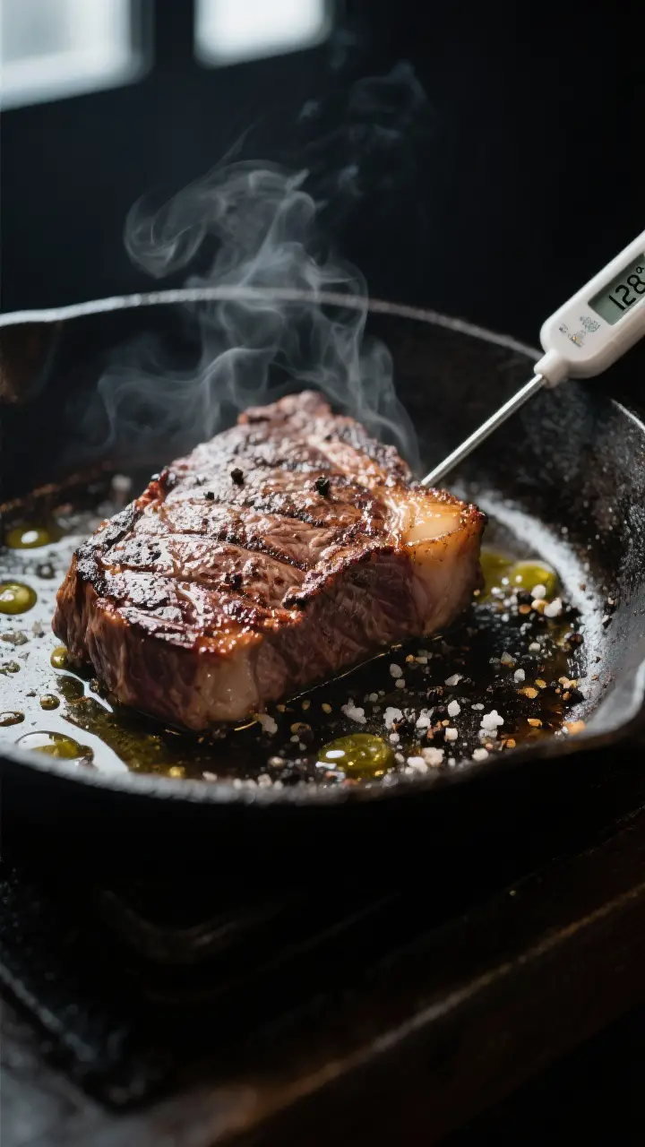 Cooking process: Searing steak in a preheated cast-iron skillet, dramatic close-up of a medium-rare 