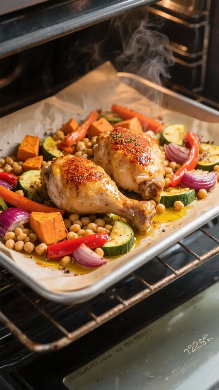 Cooking process — sheet pan in oven: Overhead shot of a parchment-lined sheet pan midway through r