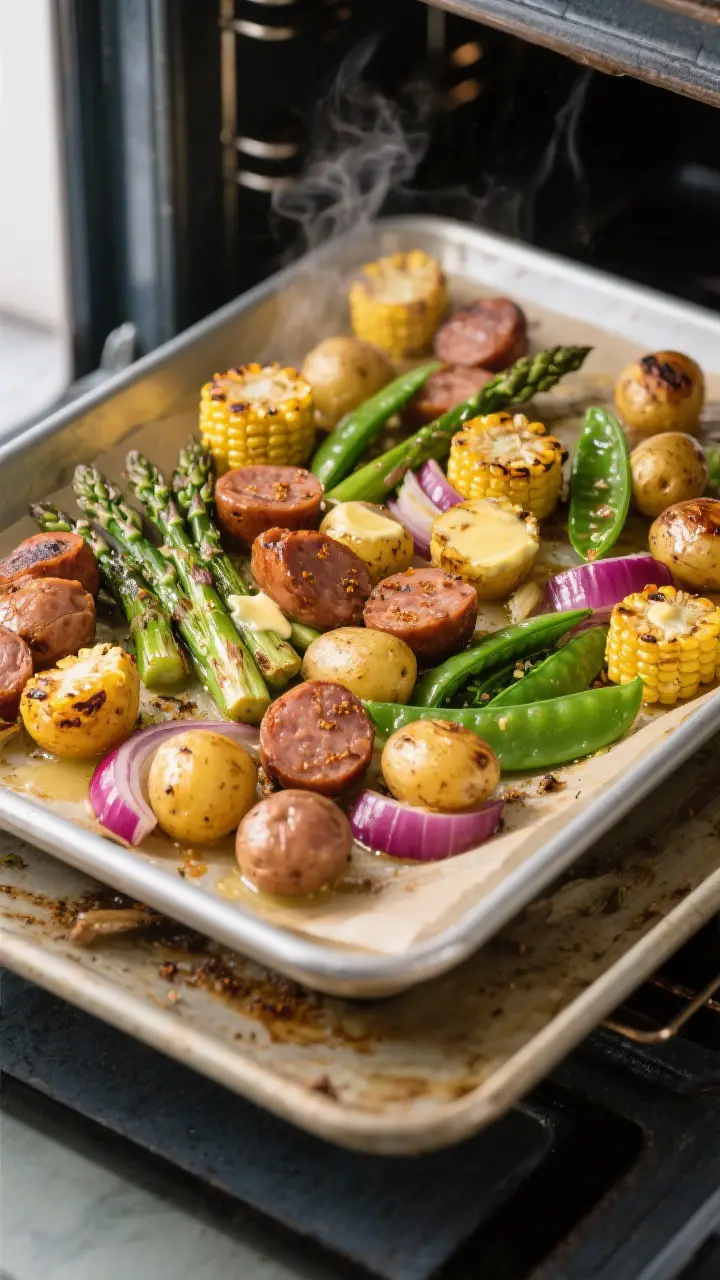 Cooking process, sheet pan in oven: Overhead shot of a hot sheet pan just after the spring vegetable