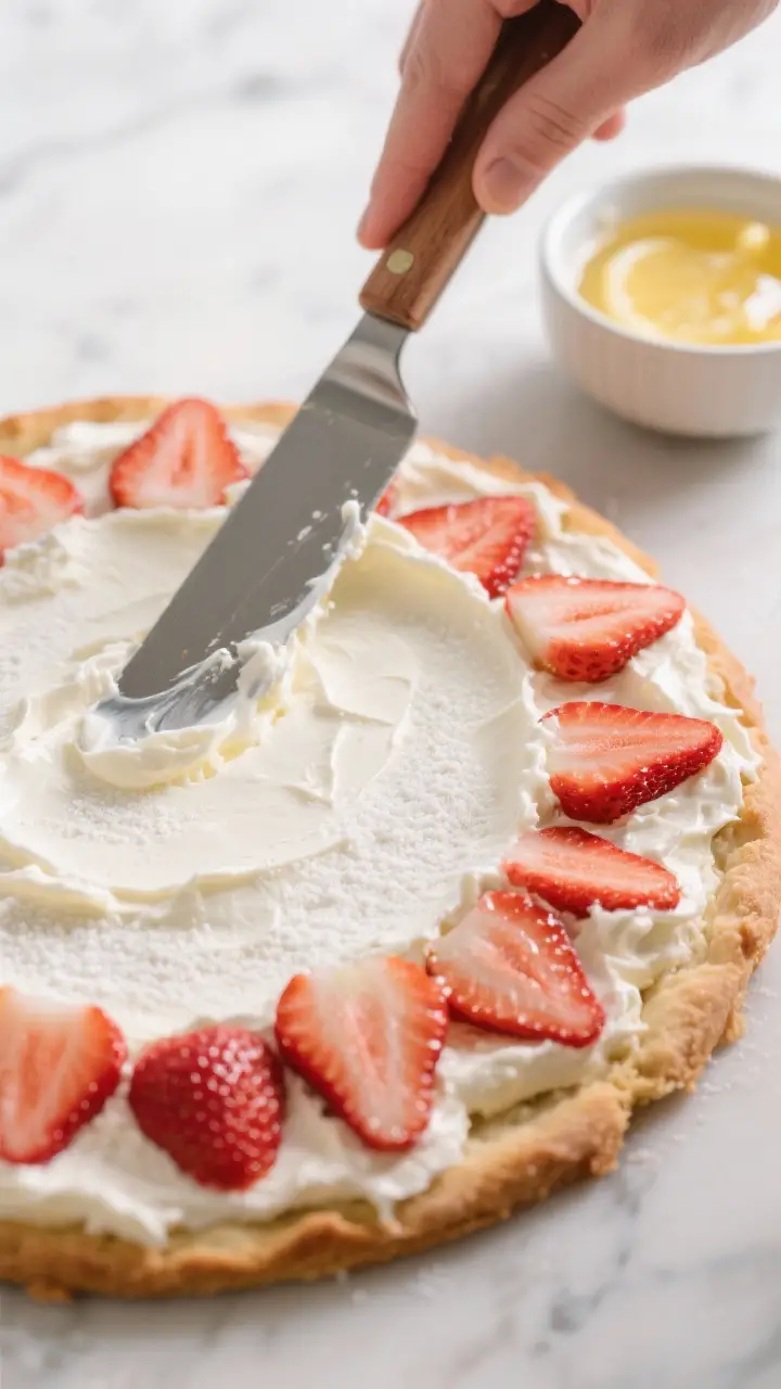 Cooking process shot: Assembling the strawberry pizza—an even layer of whipped cream cheese mixtur