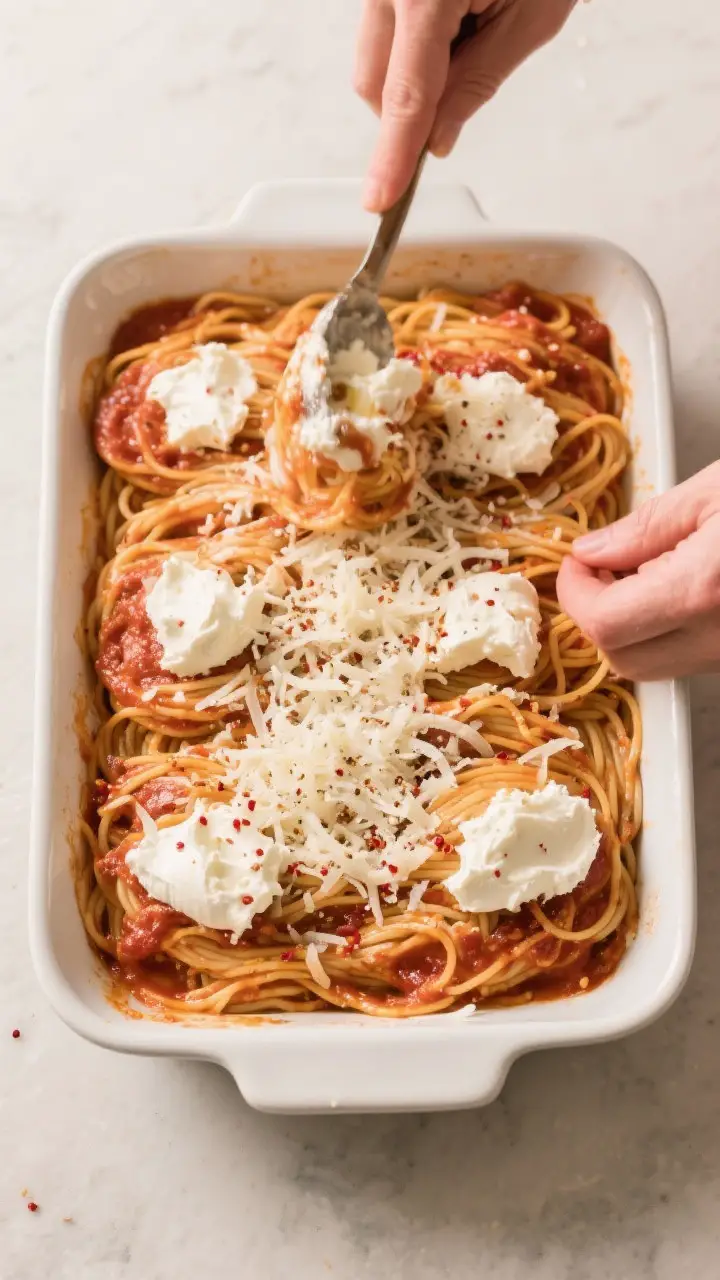 Cooking process shot: Baked spaghetti assembly in progress—sauced spaghetti being layered into a 9