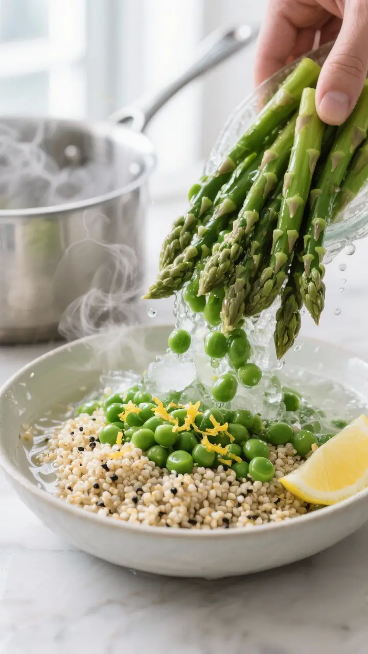 Cooking process shot: Blanched asparagus and peas being shocked in an ice bath, steam still rising f