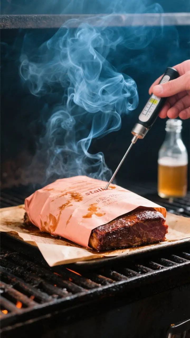 Cooking process shot: Brisket wrapped in peach butcher paper on a smoker grate at 225–250°F, thin