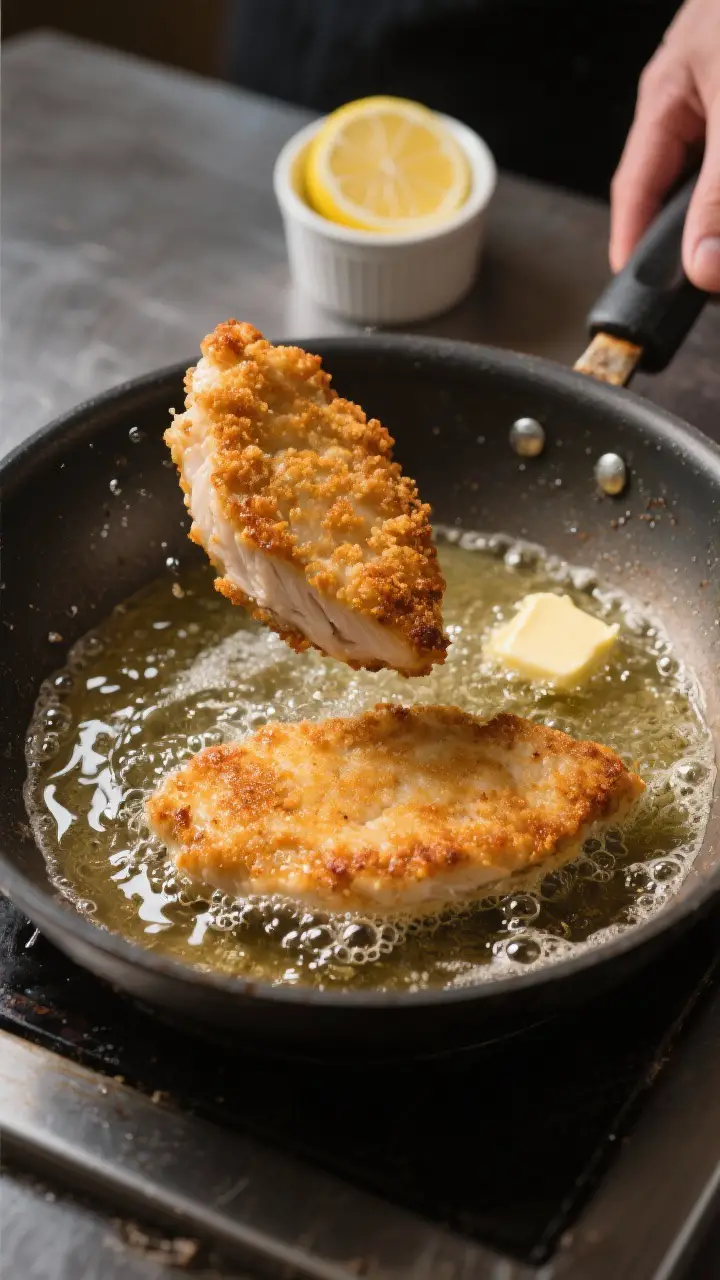 Cooking process shot: Chicken Milanese frying in a large skillet, 1/4-inch layer of shimmering oil w