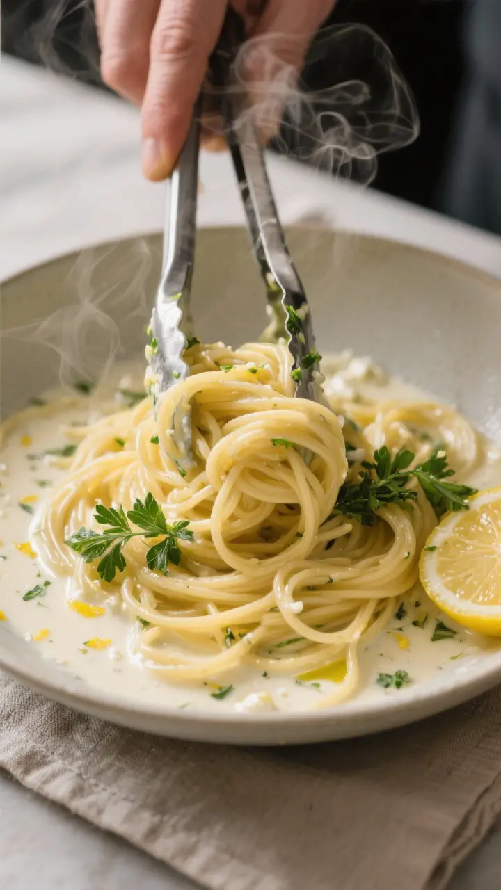 Cooking process shot: Hot linguine just added to the bowl of warmed lemon-ricotta sauce and being vi