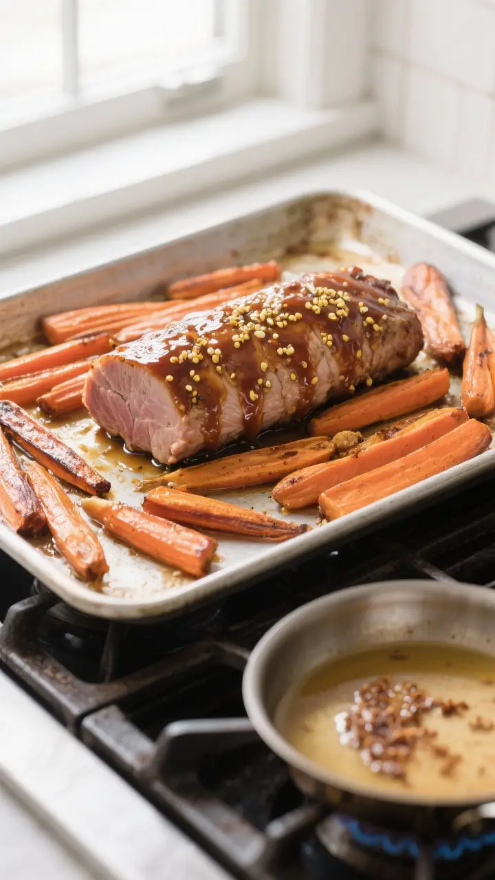 Cooking process shot: Hot sheet pan just pulled from the oven at 425°F, pork tenderloin brushed wit