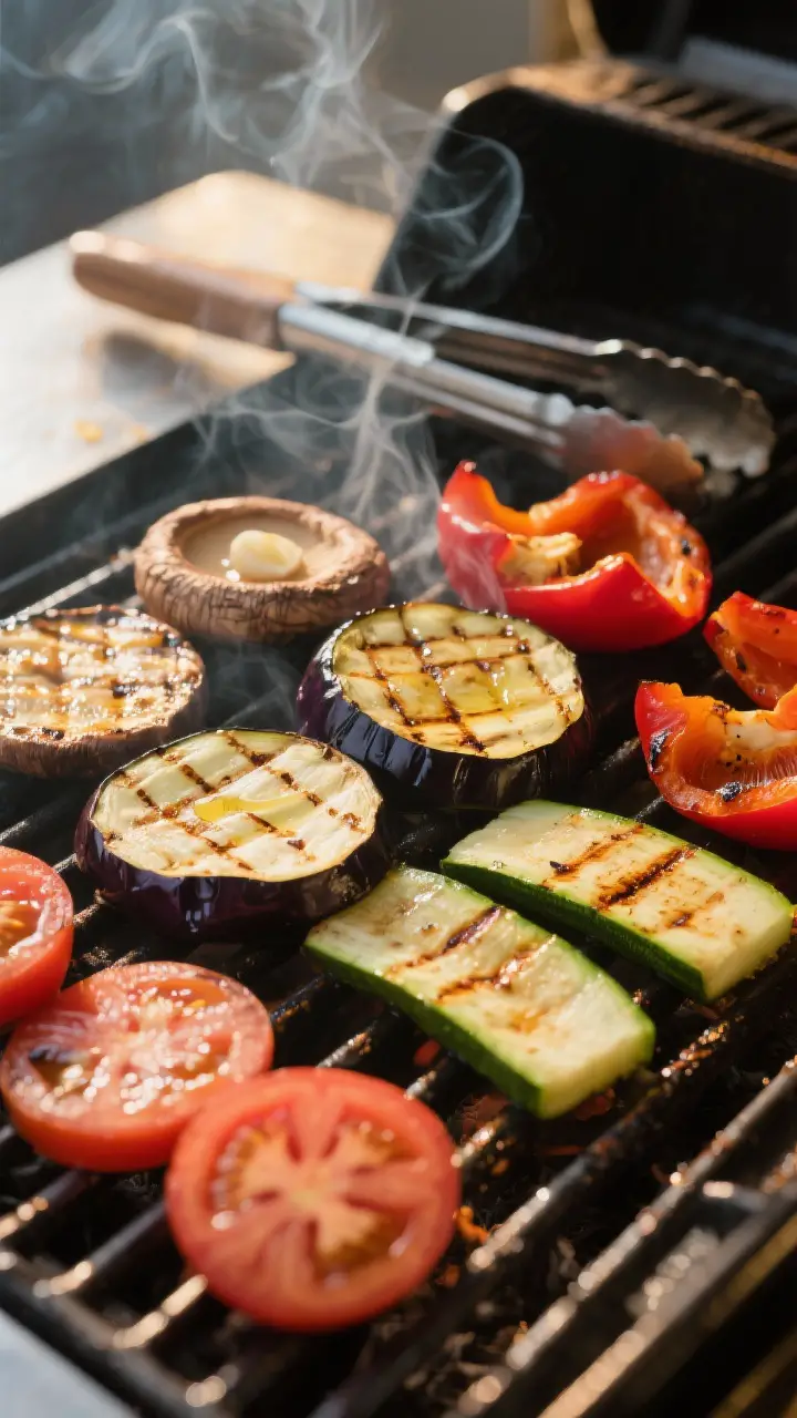 Cooking process shot: Mid-grill scene showing only cooked vegetables on clean, oiled grates—eggpla