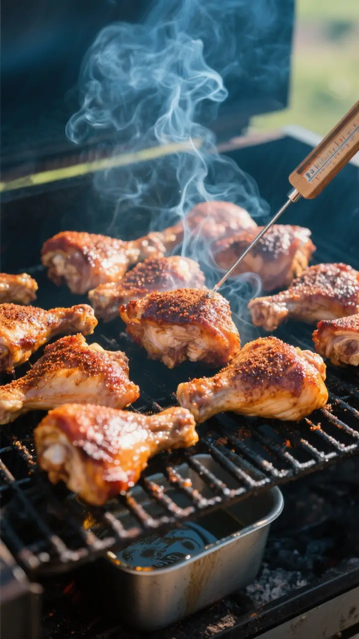 Cooking process shot: Multiple chicken thighs arranged skin-side up on smoker grates at 250–275°F
