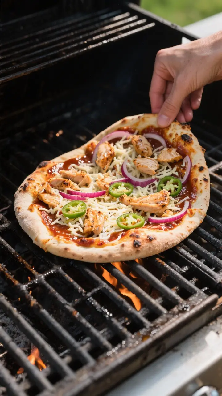 Cooking process shot on the grill: overhead view of a par-cooked pizza crust flipped and being toppe