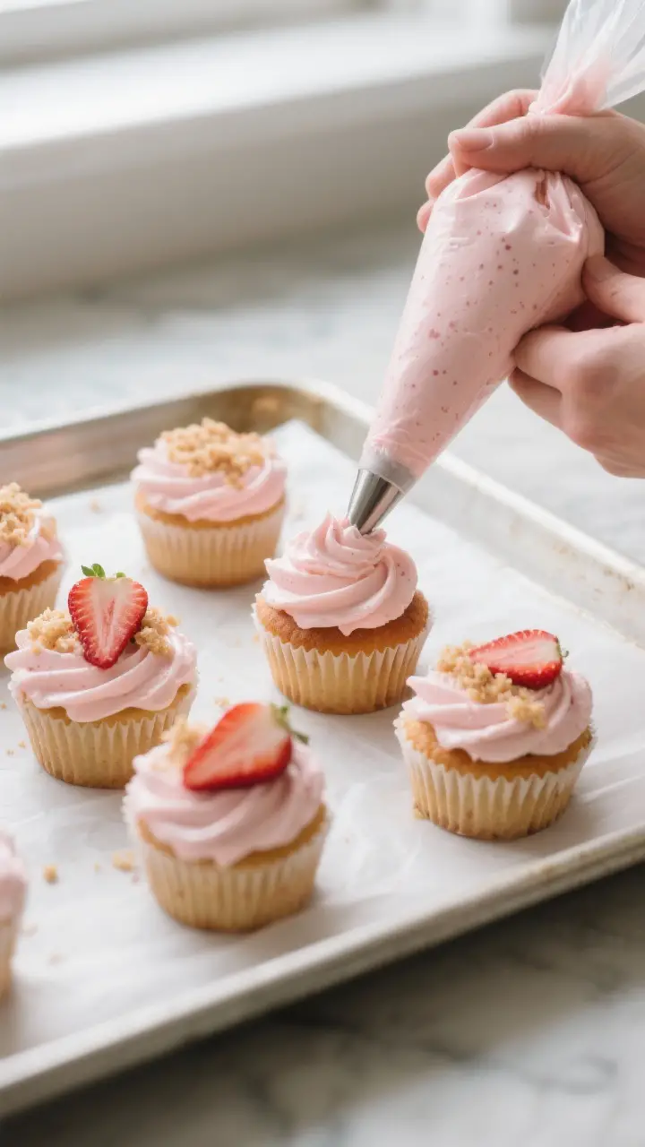Cooking process shot: Overhead image of cooled cupcakes being frosted with strawberry cream cheese f