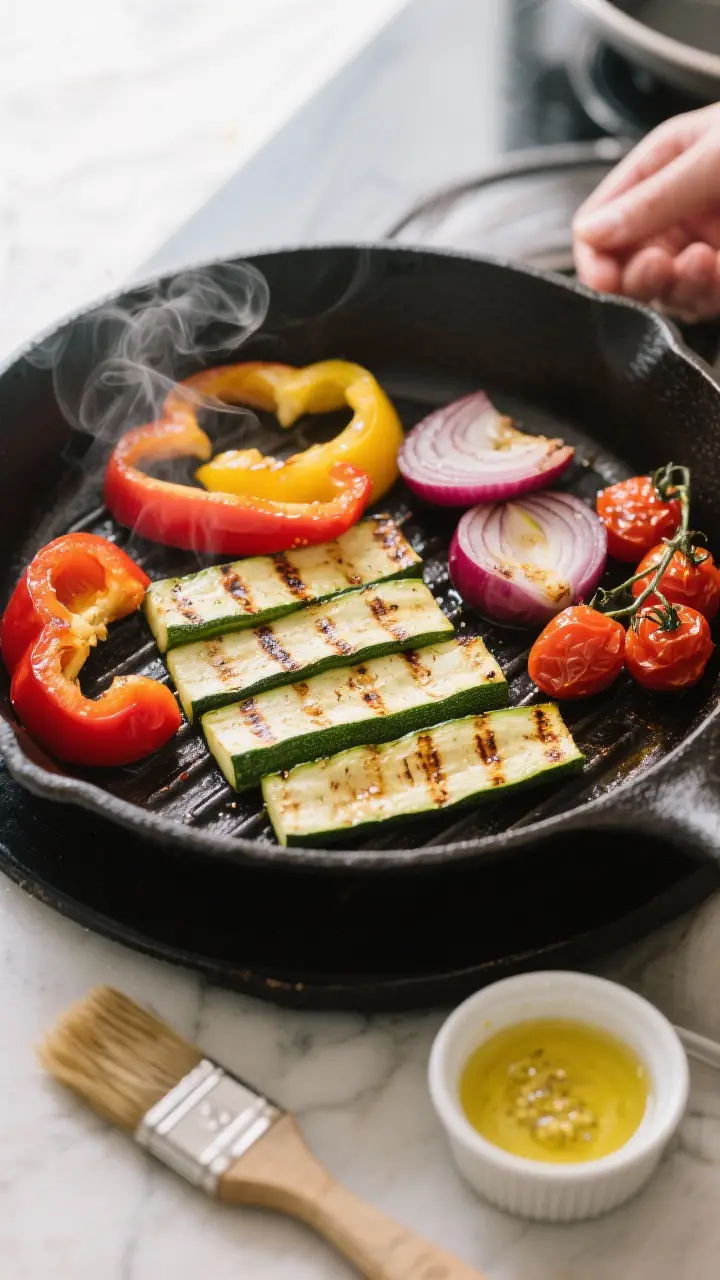 Cooking process shot: overhead view of a hot cast-iron grill pan with vegetables arranged in a singl