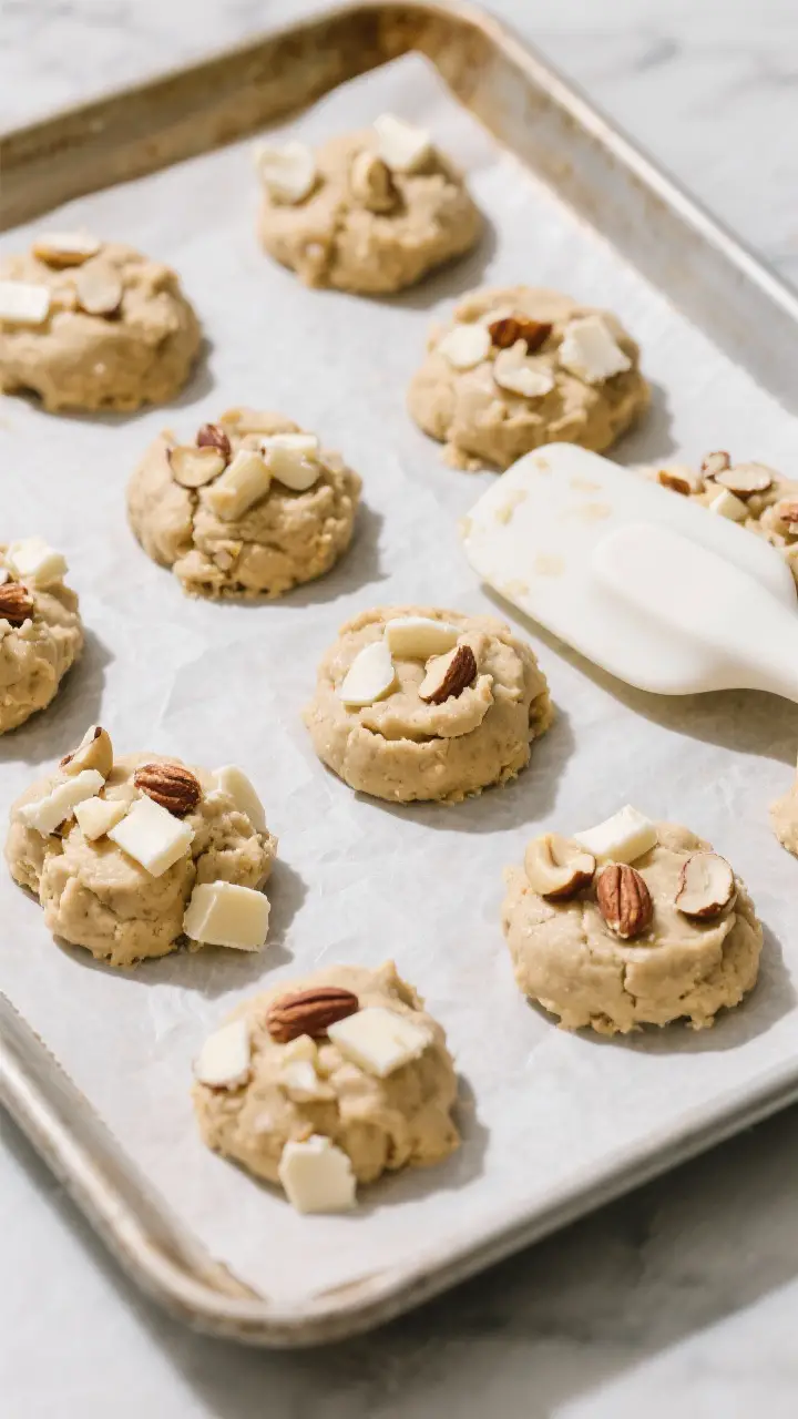 Cooking process shot: overhead view of scooped, chilled cookie dough mounds on a parchment-lined bak
