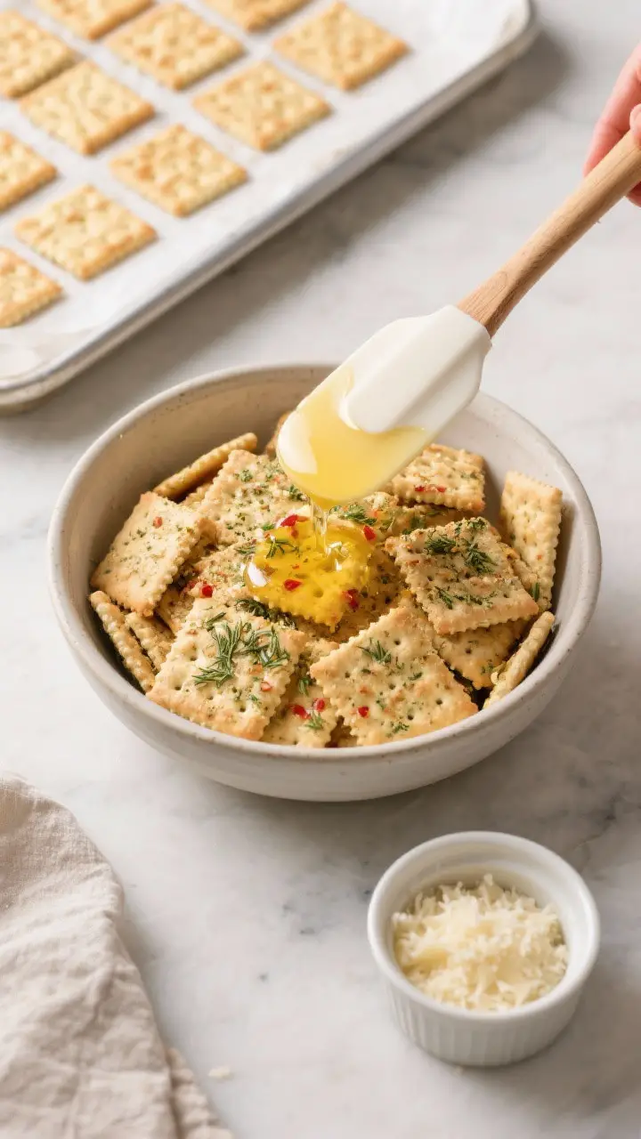 Cooking process shot: Overhead view of seasoned-butter coating stage—Ranch Ritz Crackers in a larg
