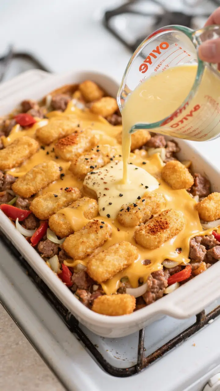 Cooking process shot: Overhead view of the casserole mid-prep in a 9x13 baking dish—an even, snug