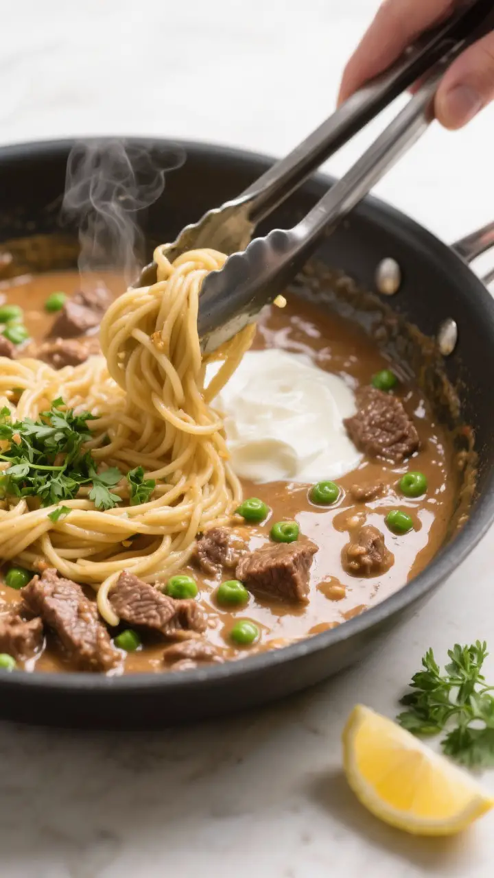 Cooking process shot: Overhead view of the silky sauce being finished in the pan—tempered Greek yo