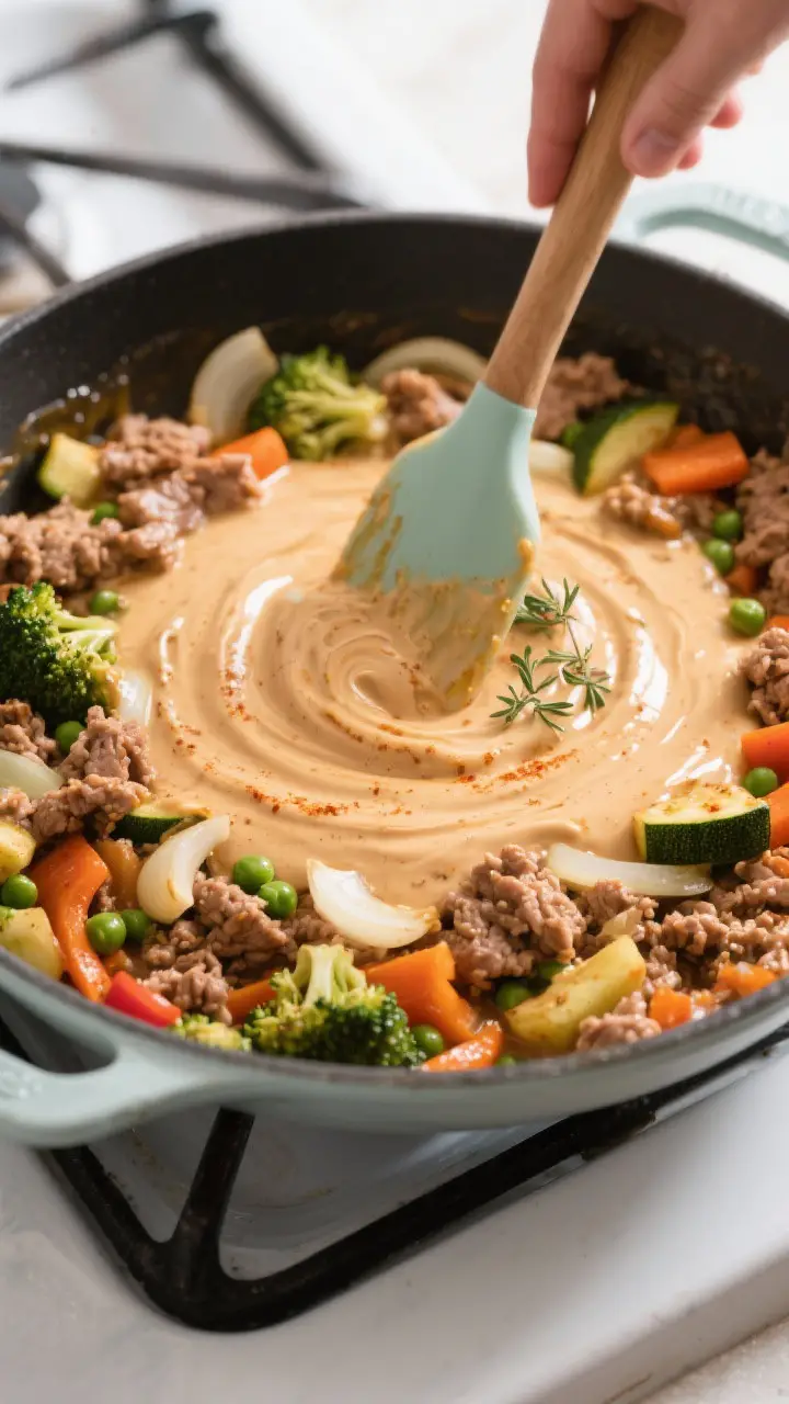 Cooking process shot: Sautéed turkey and vegetables folded into the thickened sauce in a large oven