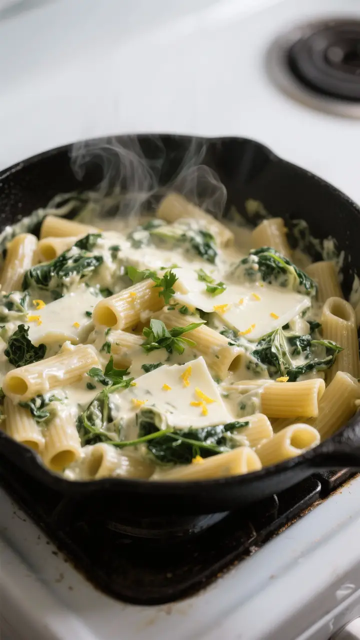 Cooking process shot: the creamy spinach–artichoke sauce being folded together with slightly under