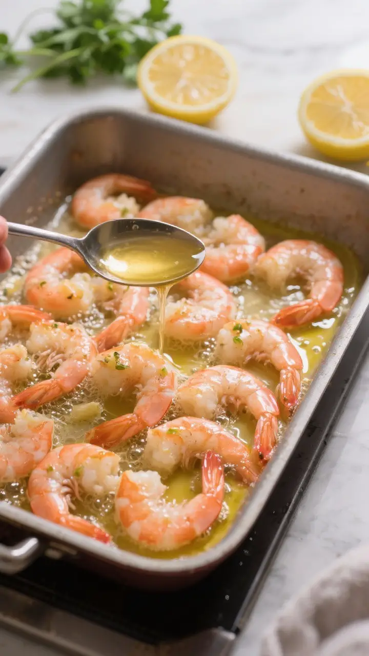 Cooking process: Shrimp arranged in a single layer in a 9x13 baking dish mid-bake, just turned pink 