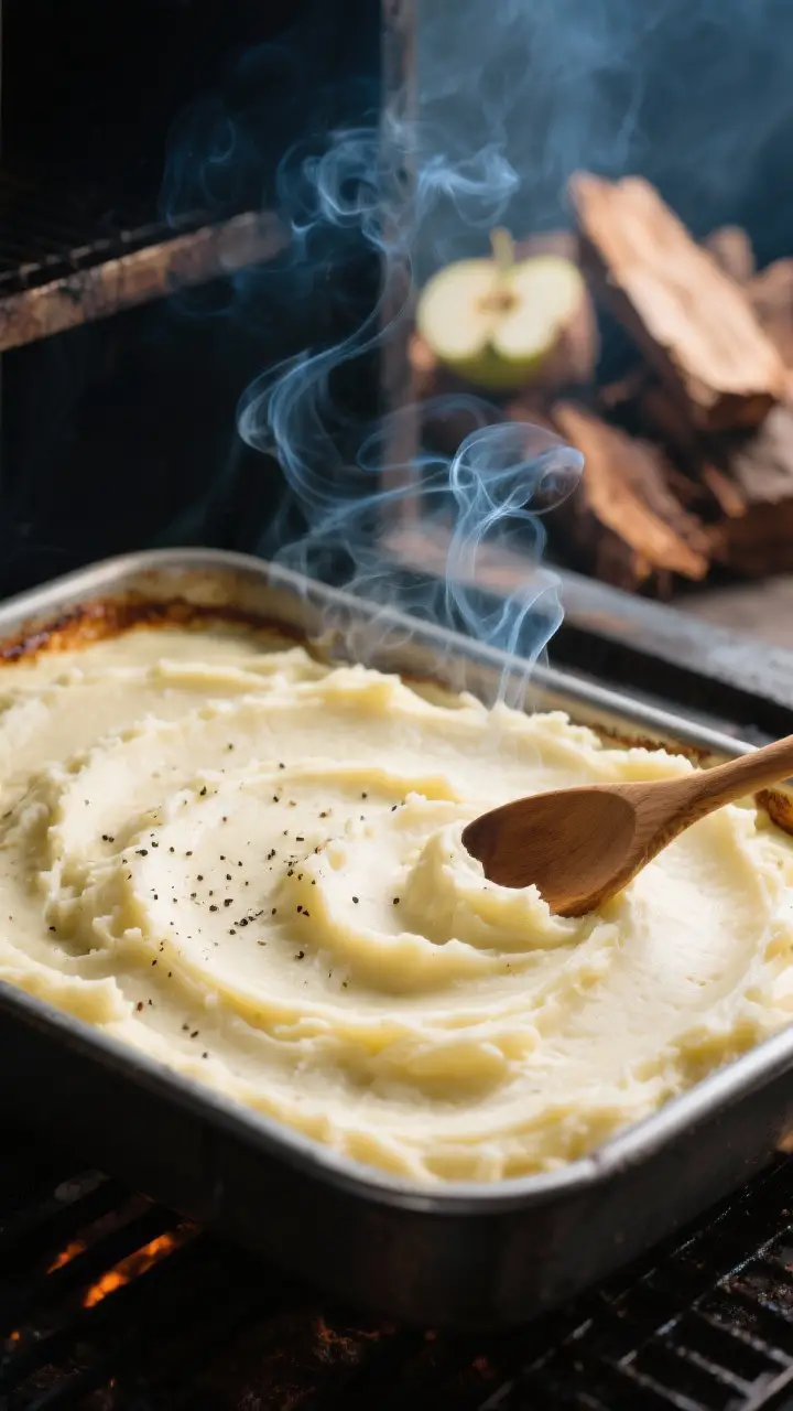 Cooking process, side view: A shallow, smoker-safe baking dish filled with creamy mashed potatoes sp