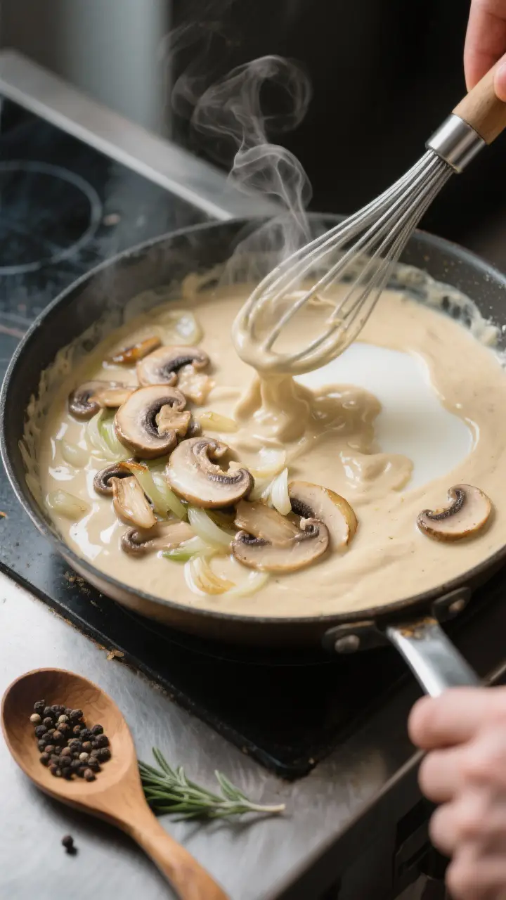 Cooking process: Silky sauce being whisked in a skillet—mushroom-onion-garlic base folded into a s