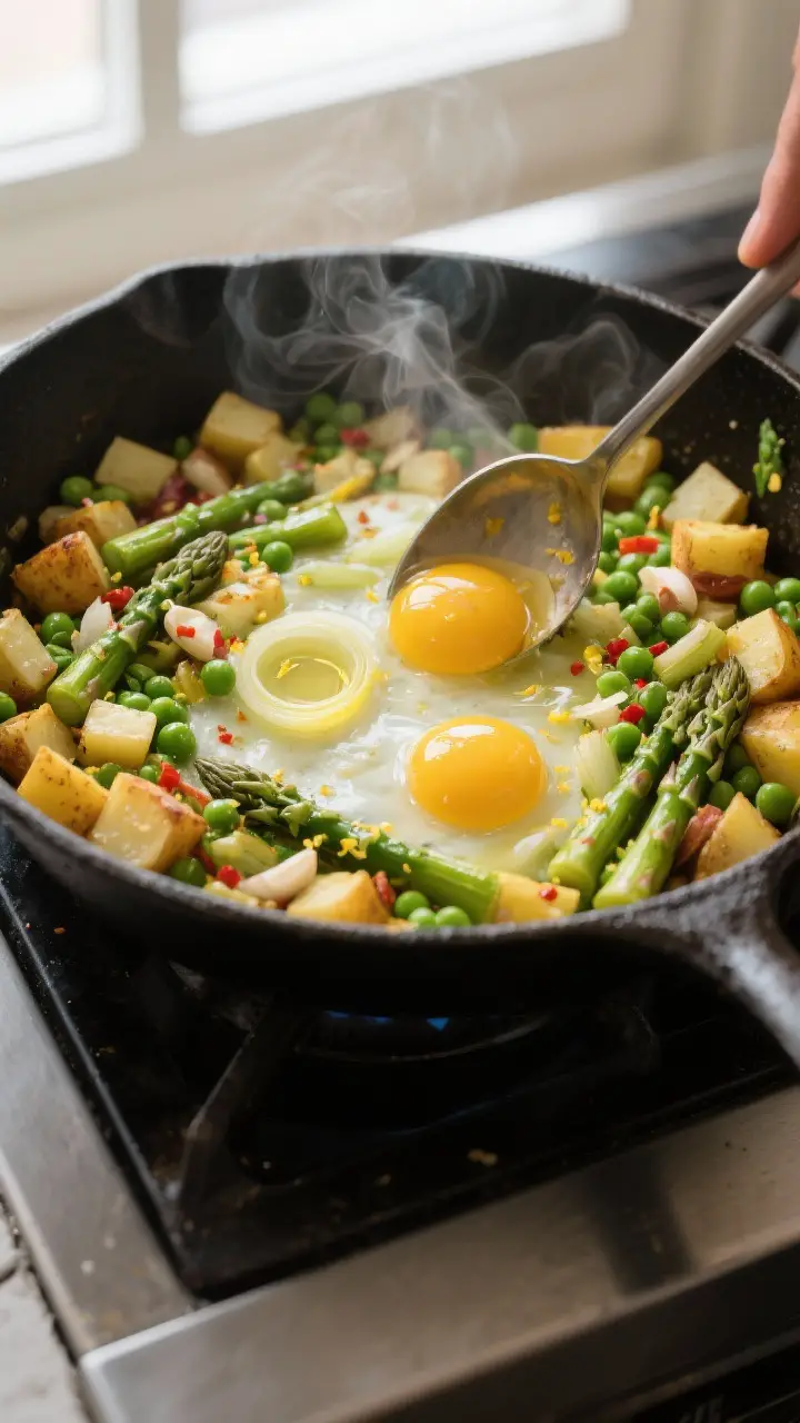 Cooking process, skillet action: Asparagus- and pea-studded spring vegetable hash sizzling in a larg